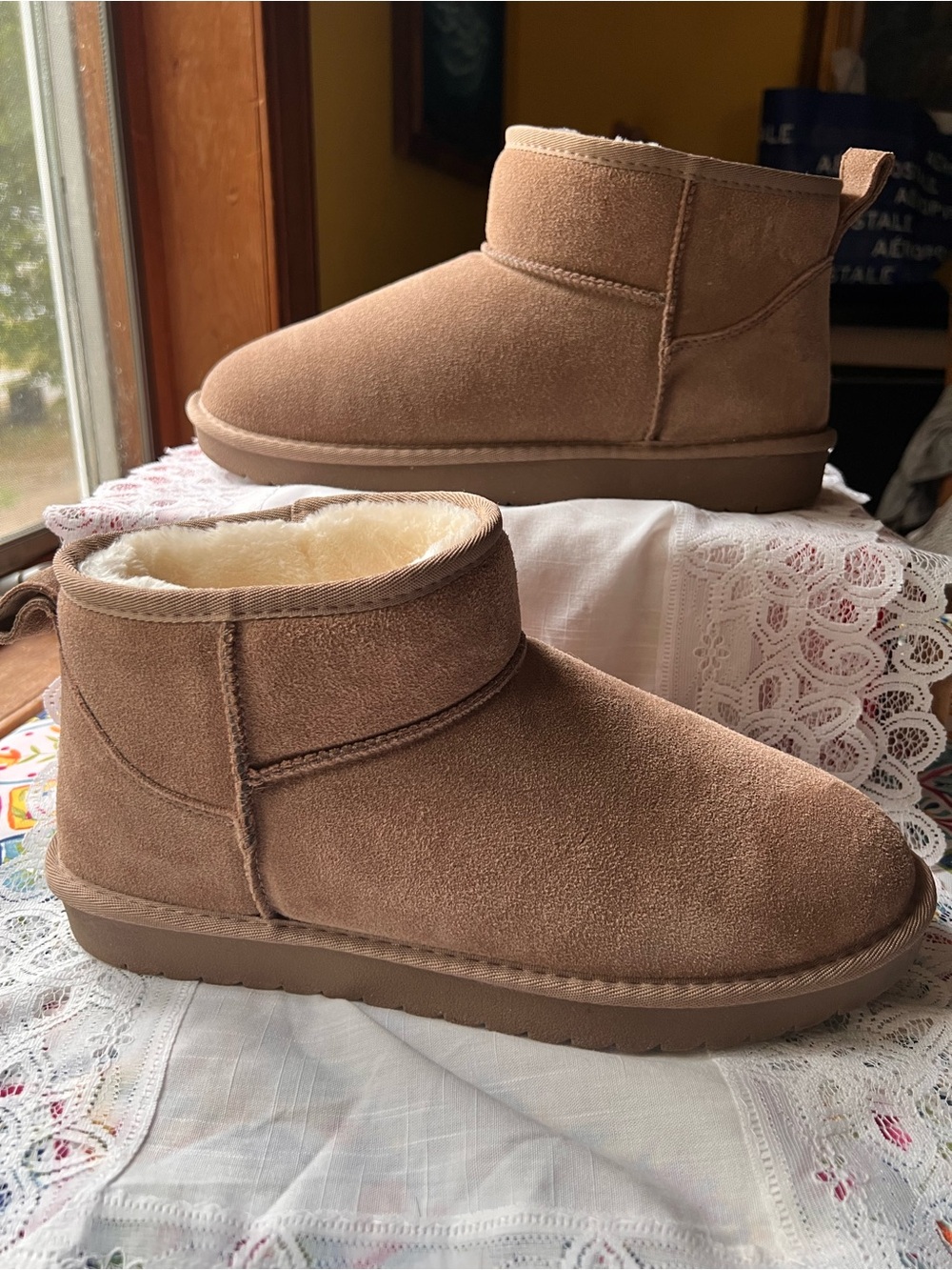 GREYSTONE TAUPE SUEDE CLASSIC ULTRA MINI FAUX FUR ANKLE BOOTS SLIP ON